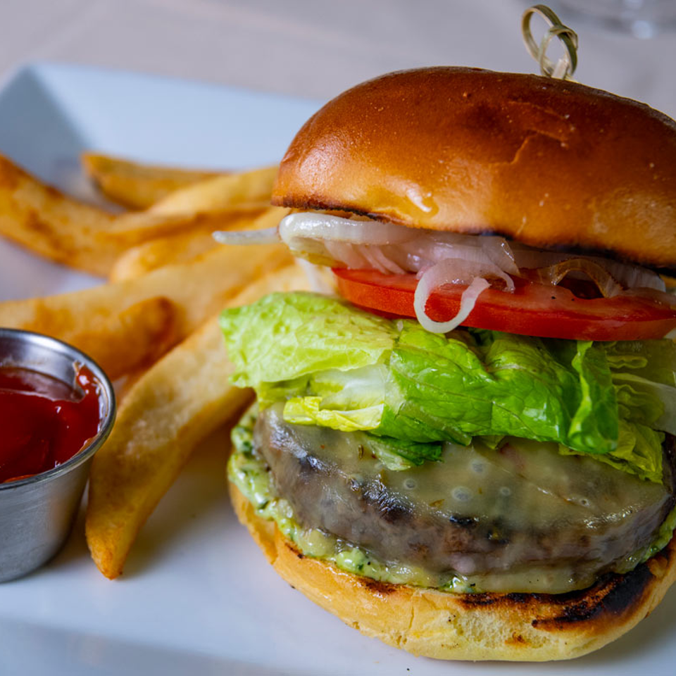 Cheeseburger with fries and ketchup