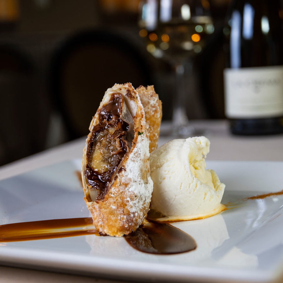 Chocolate-filled pastry with ice cream