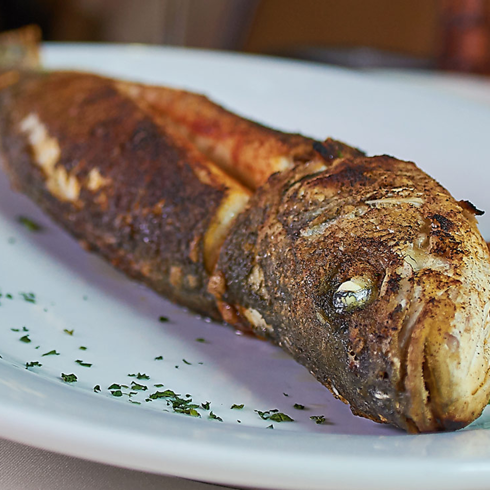 Whole roasted fish on a white platter