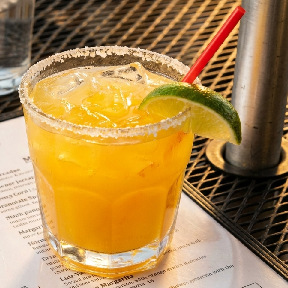 A vibrant orange margarita with a salted rim, lime wedge, and red straw on a menu.